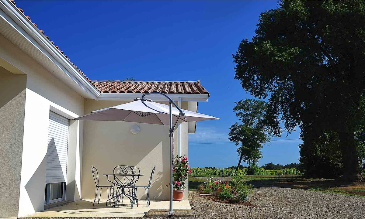 A charming terrace area features a small table with two ornate chairs, shaded by a large umbrella. The scene is complemented by a clear blue sky and surrounding greenery, enhancing the inviting outdoor space.