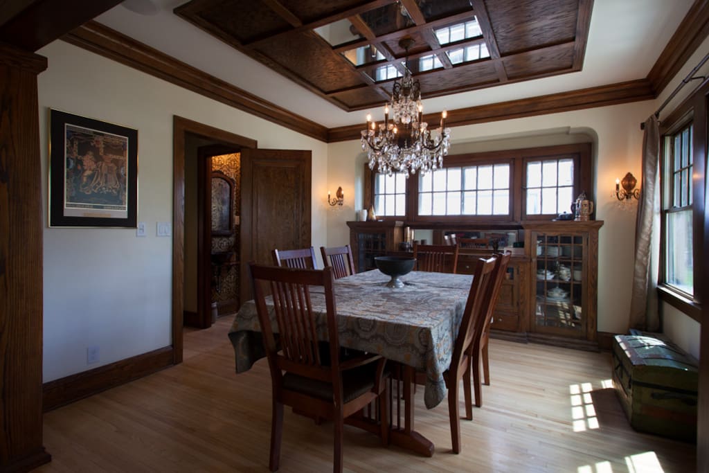Formal Dining Room with built-in buffet and custom oak ceiling.