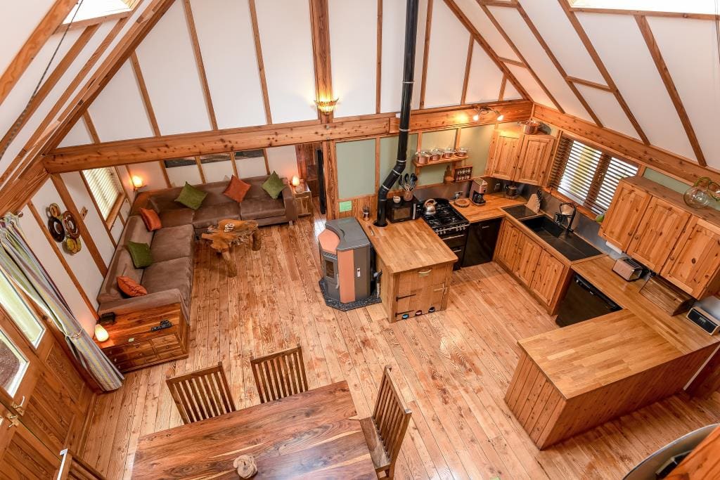 The beautiful wooden interior of the main lodge.