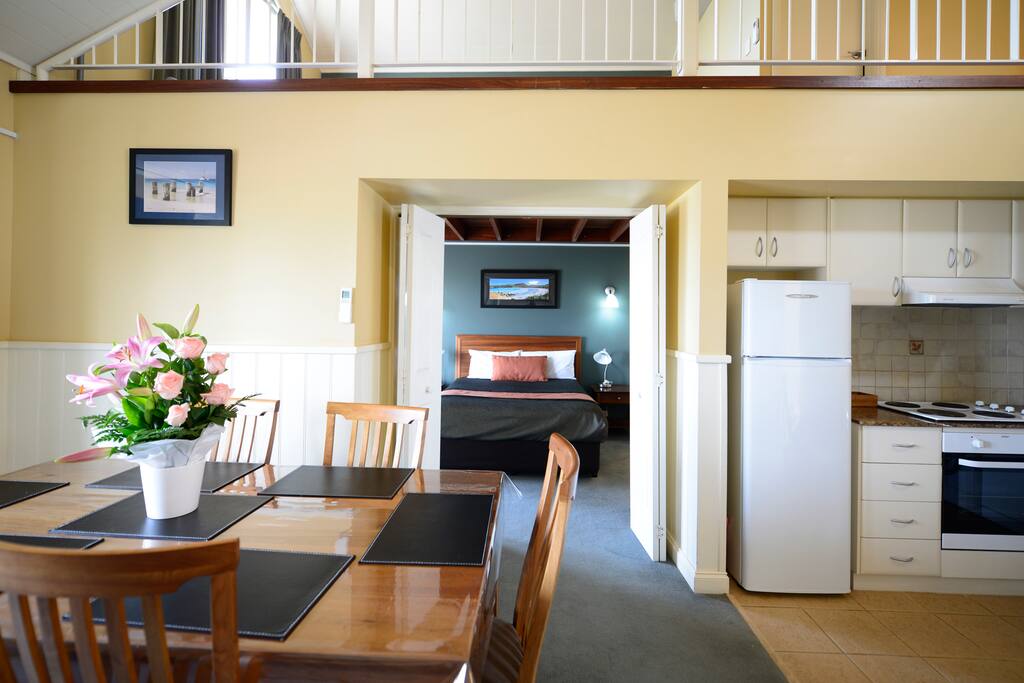 Kitchen, dining, living room, opening on to master bedroom