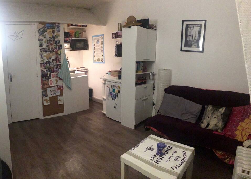 Fully furnished studio -- cosy and light during the day ! Living room with sofa bed --- Studio lumineux, avec canapé lit convertible & coin bureau/table à manger