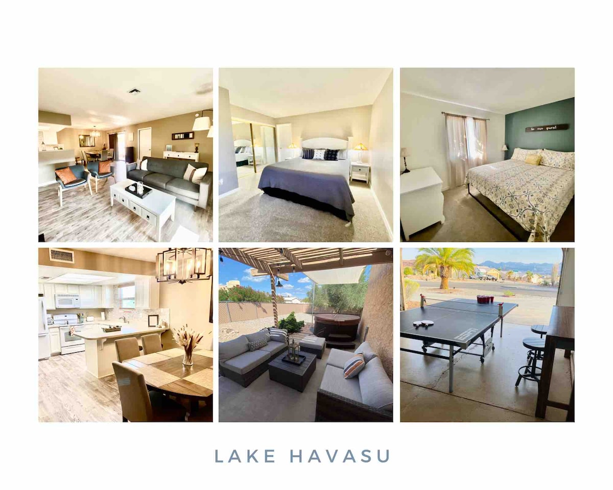 A collage showcases various areas of a home, including a spacious living room with a sectional sofa and dining area. Comfortable bedrooms are seen with king-size beds, while the kitchen features modern appliances. An outdoor space is highlighted with a seating area and a ping pong table under a pergola.