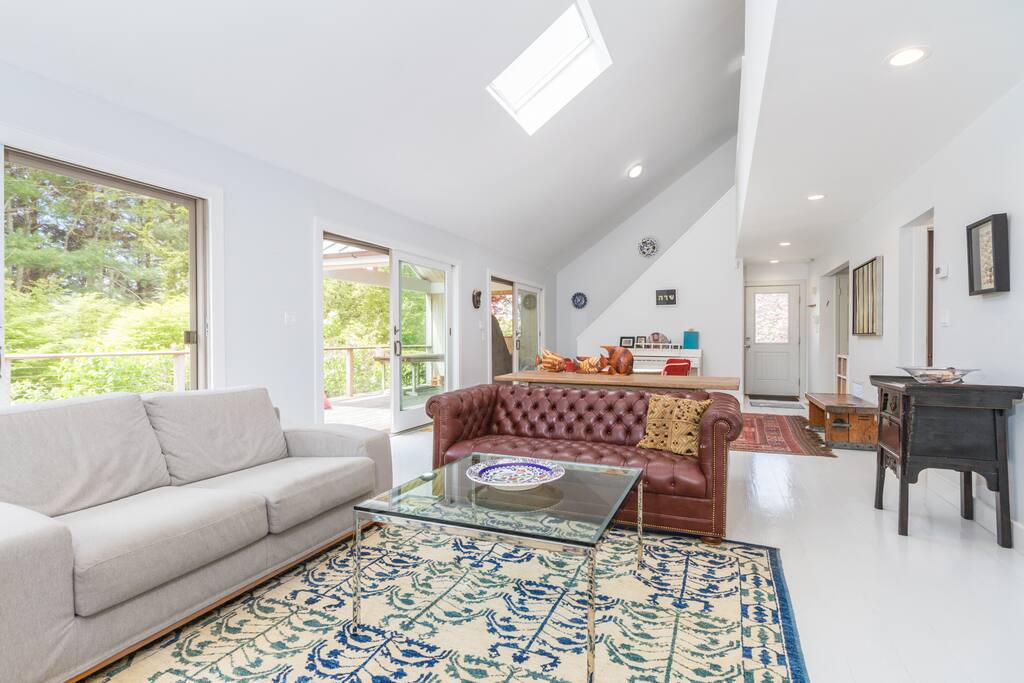 Living room with bright Southern light. Cathedral ceilings.