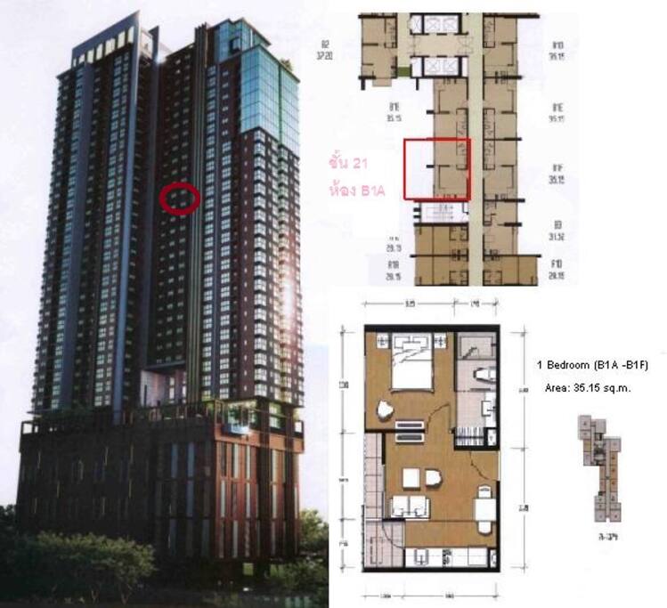 Floor plan and position of apartment. Spacious one bedroom accommodation.