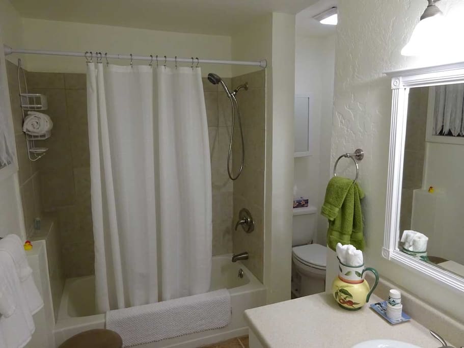 Private bathroom with towels, washcloth, small soaps, personal shampoo.