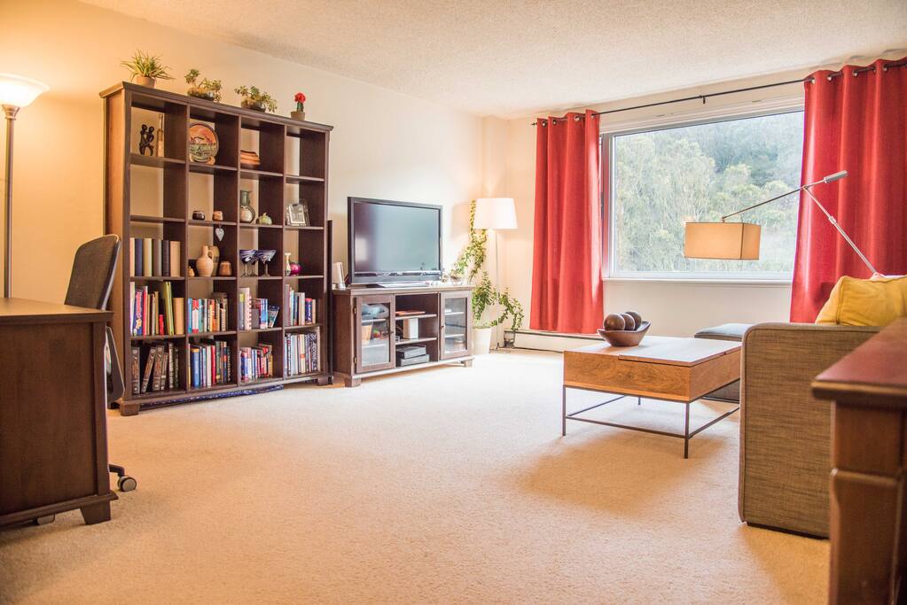 Large living room with view of Mount Sutro Open Space Preserve