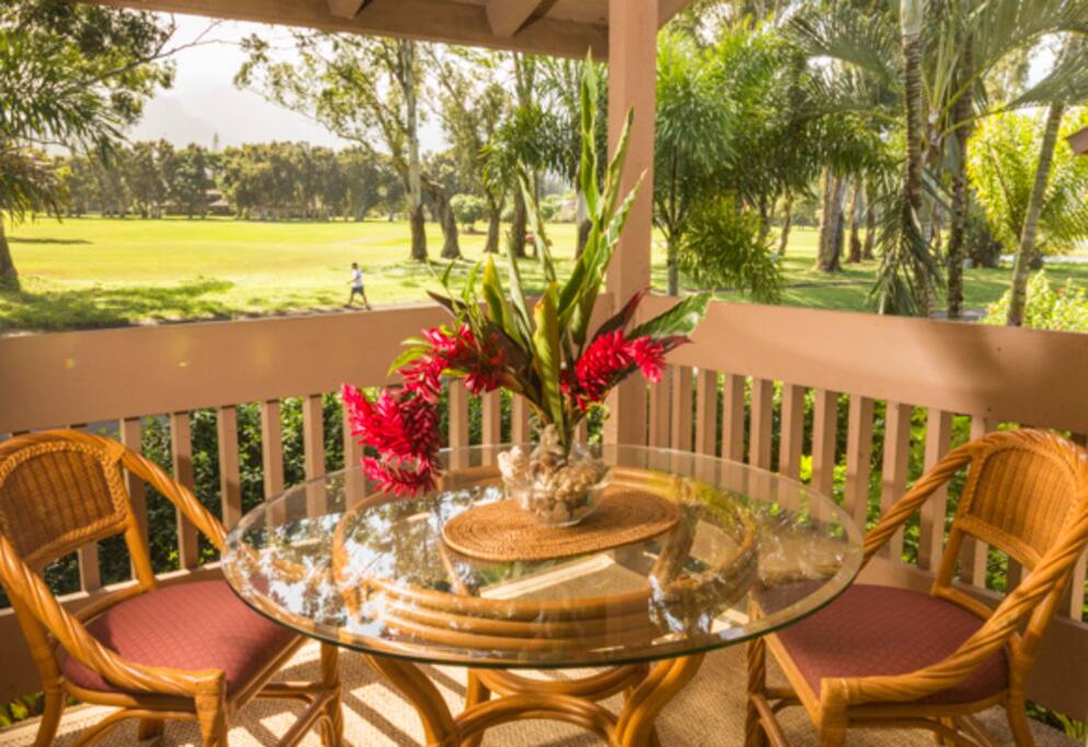 Gorgeous view of Mountains and Makai Golf Course, outside eating and chilling out area.