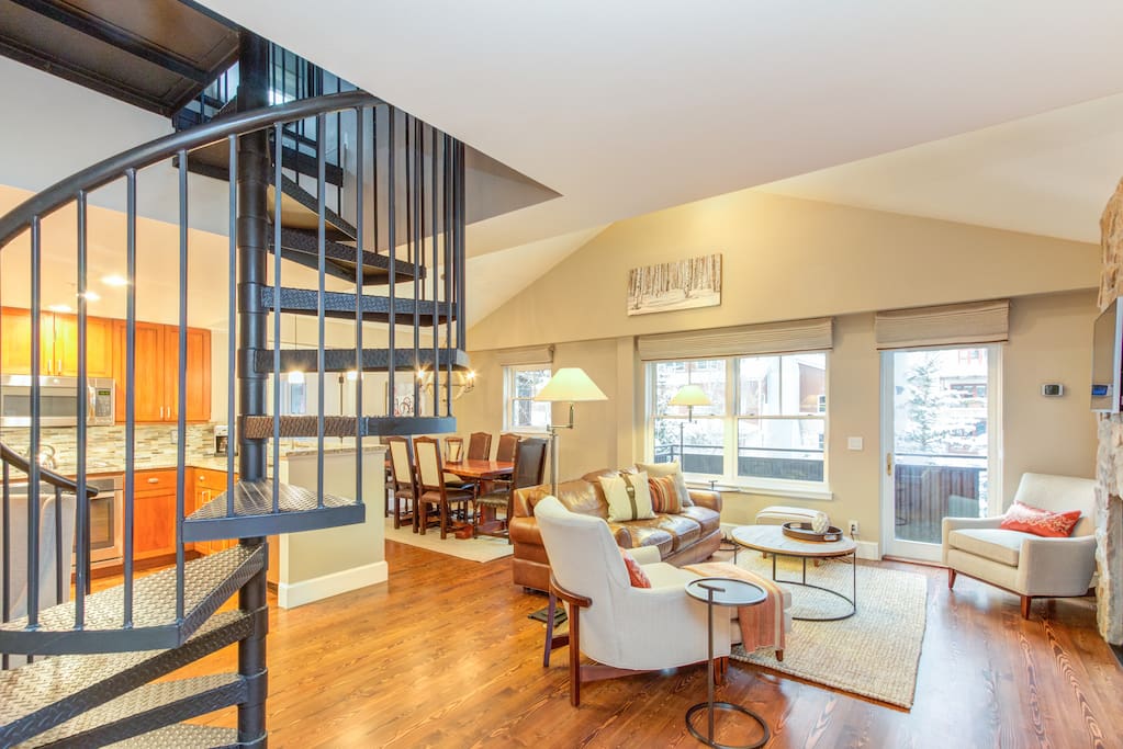 Some three bedroom units feature a spiral staircase to a bedroom upstairs.