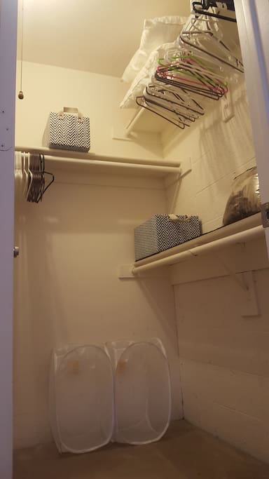 walk-in closet with lots of hangers, storage boxes and additional pillows and a blanket