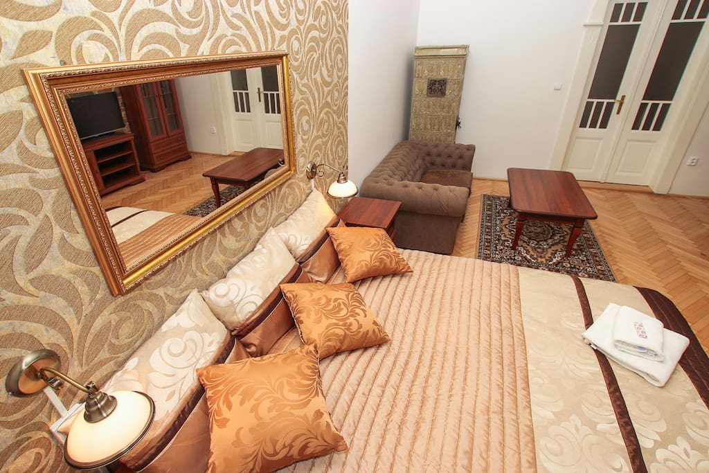 1st bedroom (double bed, single bed + living corner with TV)