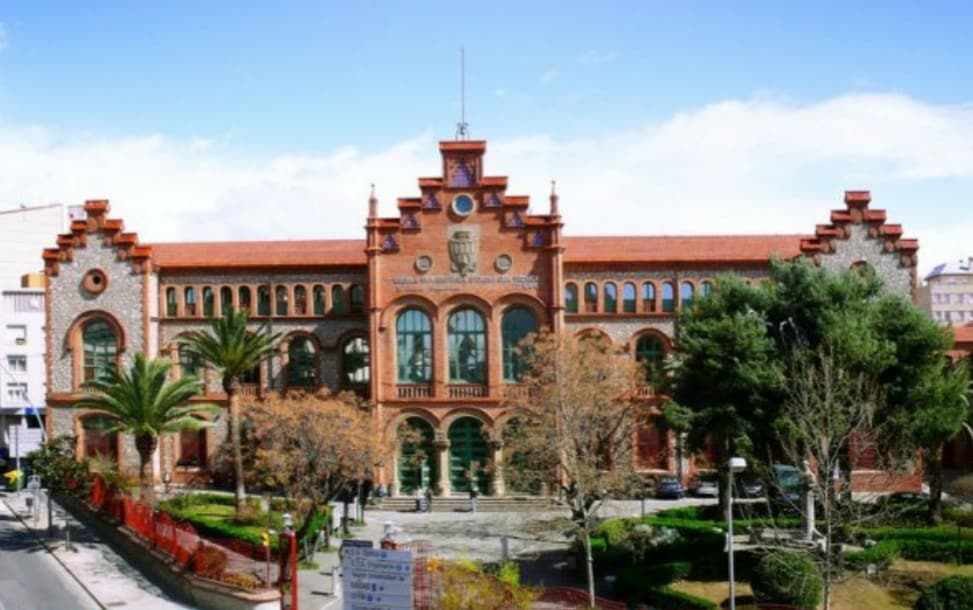 The historic building features a distinctive red-tiled roof and ornate architectural details. Large windows dominate the facade, allowing ample natural light. Lush palm trees and bare trees in the foreground contribute to the inviting outdoor space.