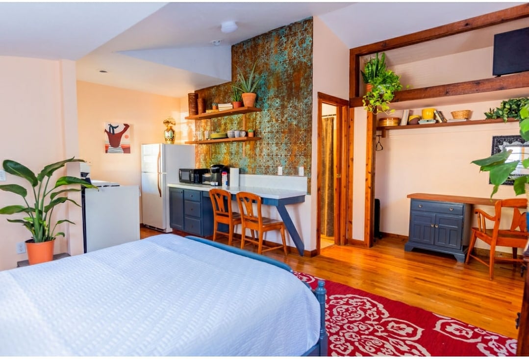 A cozy studio suite is shown with warm wood accents. A small kitchenette is equipped with a microwave and refrigerator. A workspace with a blue desk and two chairs is visible. Bright green plants add a touch of nature, complemented by a vibrant area rug.