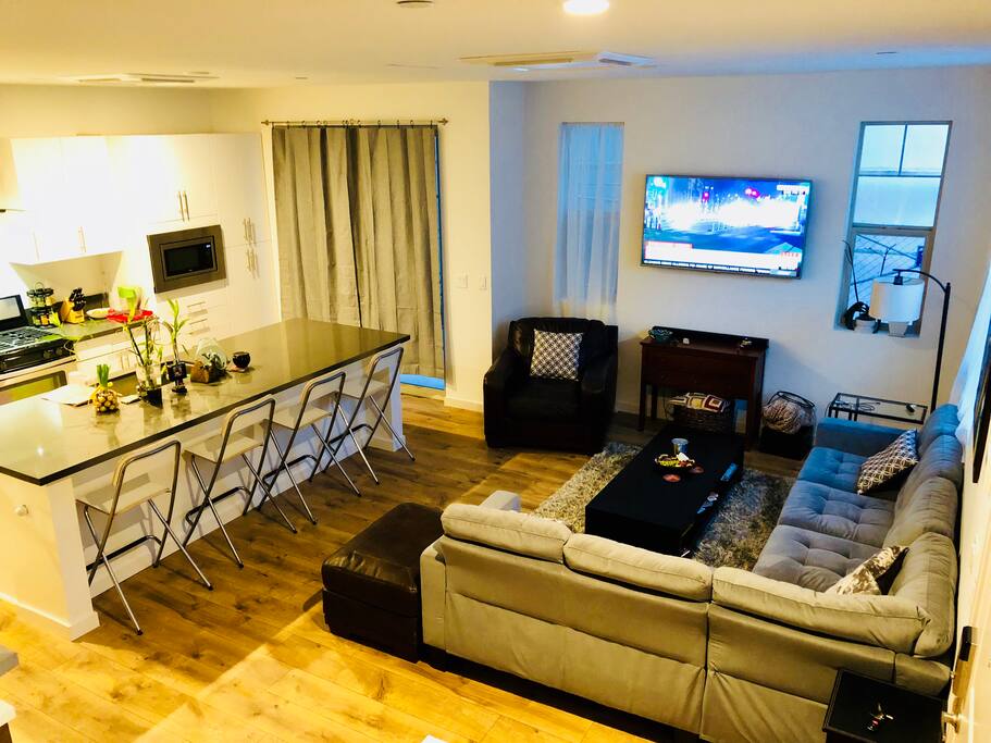 Very cozy living room and kitchen. Great for gatherings or for relaxation.