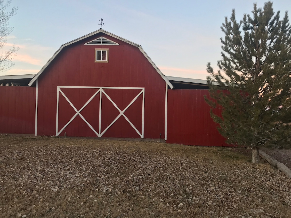 A red barn stands prominently against a pastel sky, bordered by a natural landscape of grass and pebbles. A tree, partially obscured, adds to the rural charm. The barn's double doors are framed by white accents, enhancing its traditional architectural features.