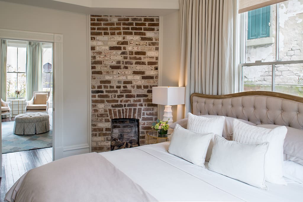 King sized bed with a working gas fireplace for cold evenings