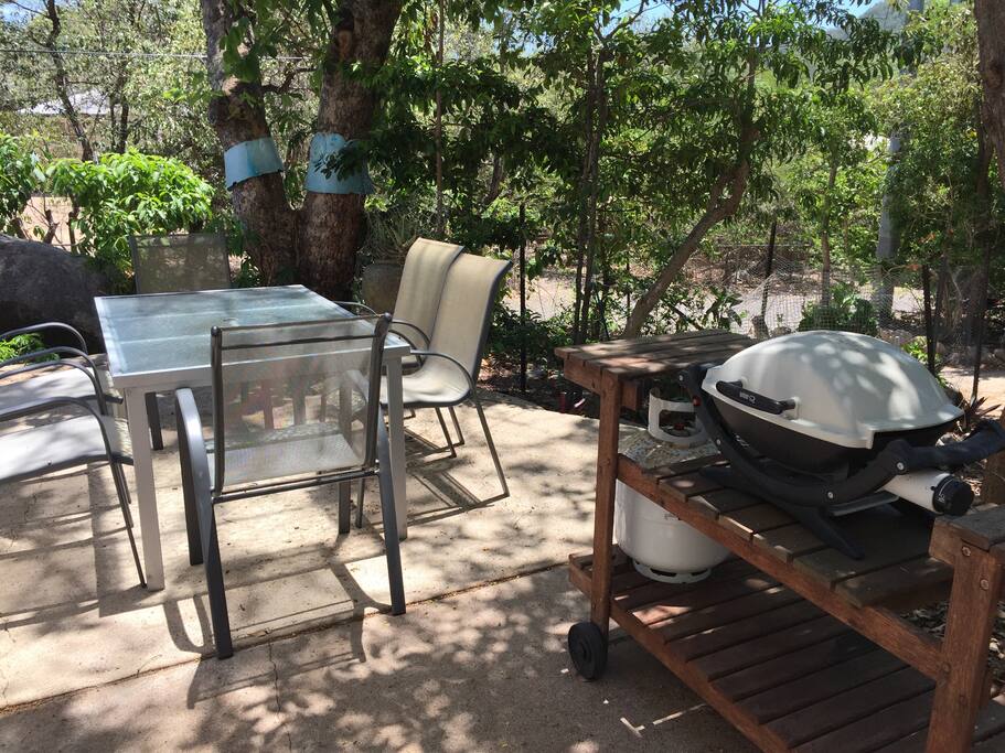 Outdoor eating area with bbq.