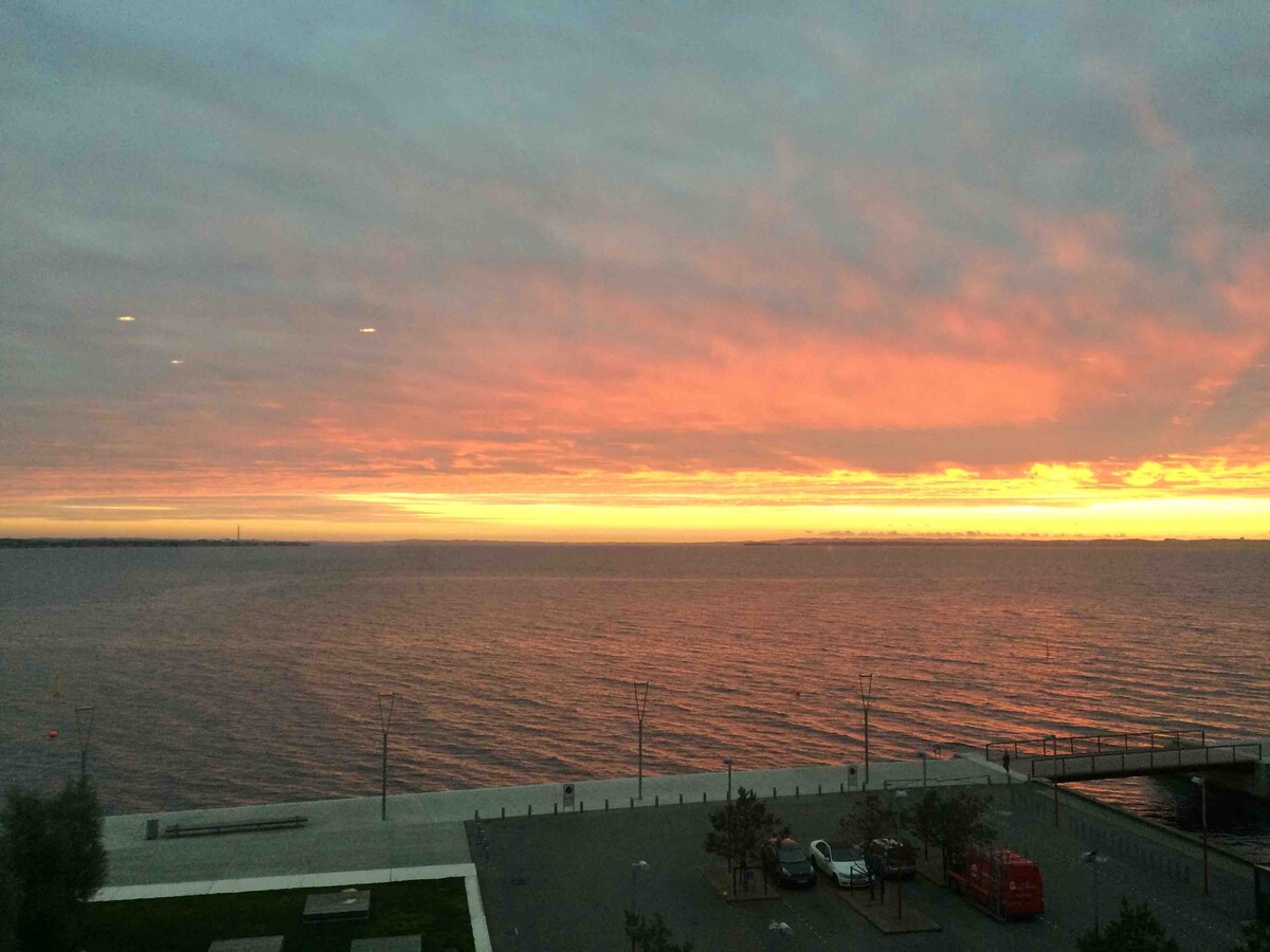 The image captures a stunning sunset over Aarhus Bay, with vibrant hues of orange and pink blending into the horizon. The calm water reflects the colors, while silhouettes of light posts and the waterfront promenade are visible in the foreground.
