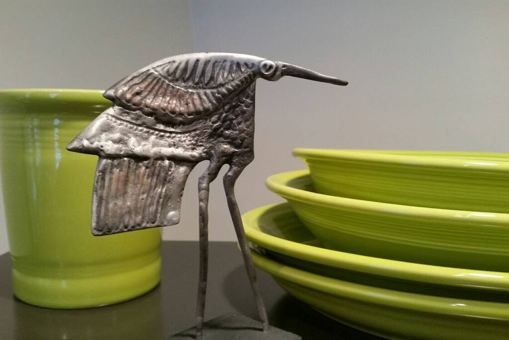 Little bit of quirky decorating for your enjoyment. National Park or local poster art throughout the house. This little heron sculpture is by local Akron artist Don Drumm of Don Drum Studios on Crouse Street, Akron, a one-half hour trip from the Cottage. I got this Don Drumm at the Peninsula Flea Market, which is held once a month in the summer. Be sure to visit Peninsula local studios and galleries: Elements Gallery, Peninsula Art Academy, River Light Gallery, and Log Cabin Gallery. Art and tasteful gifts available for sale.