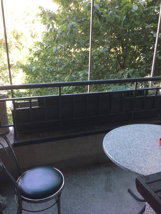 balcony with park view, chairs and table...