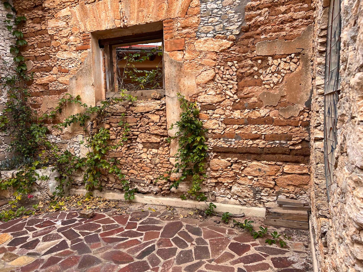 A corner of the historic adobe wall displays rich textures and colors from natural stone materials. Lush green vines climb along the surface, highlighting the contrast between the earthy tones of the stone and the vibrant foliage. A cobblestone floor adds to the rustic charm.
