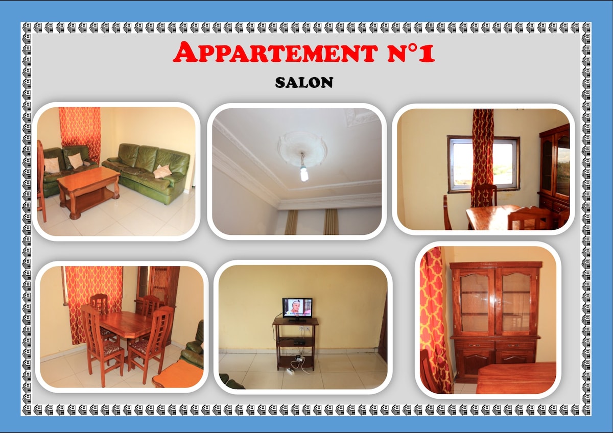 The living area showcases a green seating arrangement adjacent to a wooden coffee table. A dining set is seen with four chairs, and a wooden cabinet adds storage. Natural light enters through windows adorned with orange curtains, enhancing the room's welcoming atmosphere.