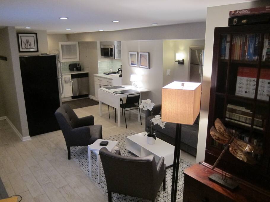 Large open kitchen, dining, living space.