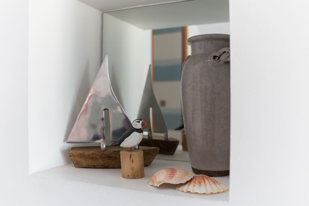 Our house Puffin on alert, and seashells we brought back from Brittany.