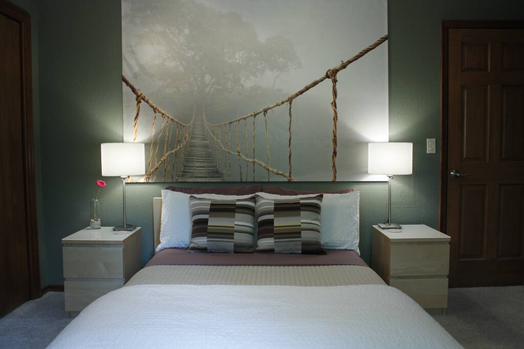 Aloe Vera Pillowtop mattress gives a sweet nights rest. #1 room to the left up the curved stairs. If the room downstairs is occupied, it may be a shared bathroom situation, but guest’s schedules are usually different.