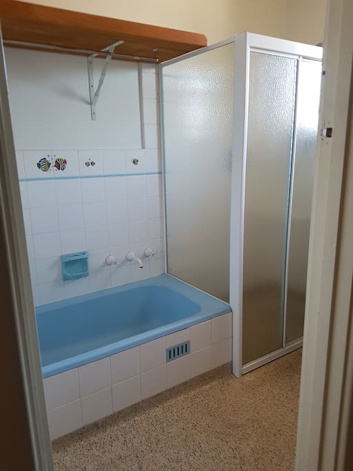 Bathroom with separate shower and Bath Tub. Vanity and cabinet.