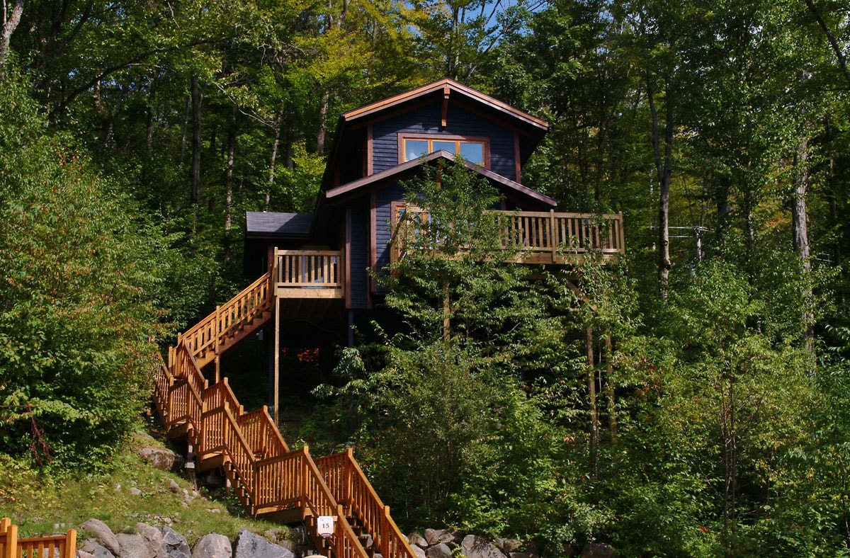 The cabin is set within a wooded area, surrounded by green trees and shrubs. A wooden staircase leads up to the entrance, with multiple decks enhancing the structure's height and providing outdoor access. The exterior features a dark blue façade and large windows, blending into the natural surroundings.