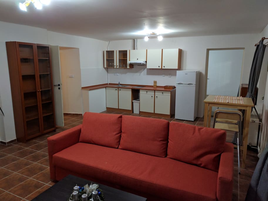 The living room with kitchen.