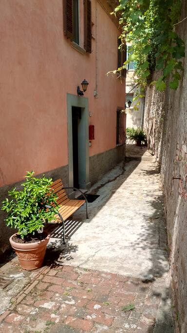 Entrance with bench and lemon-tree