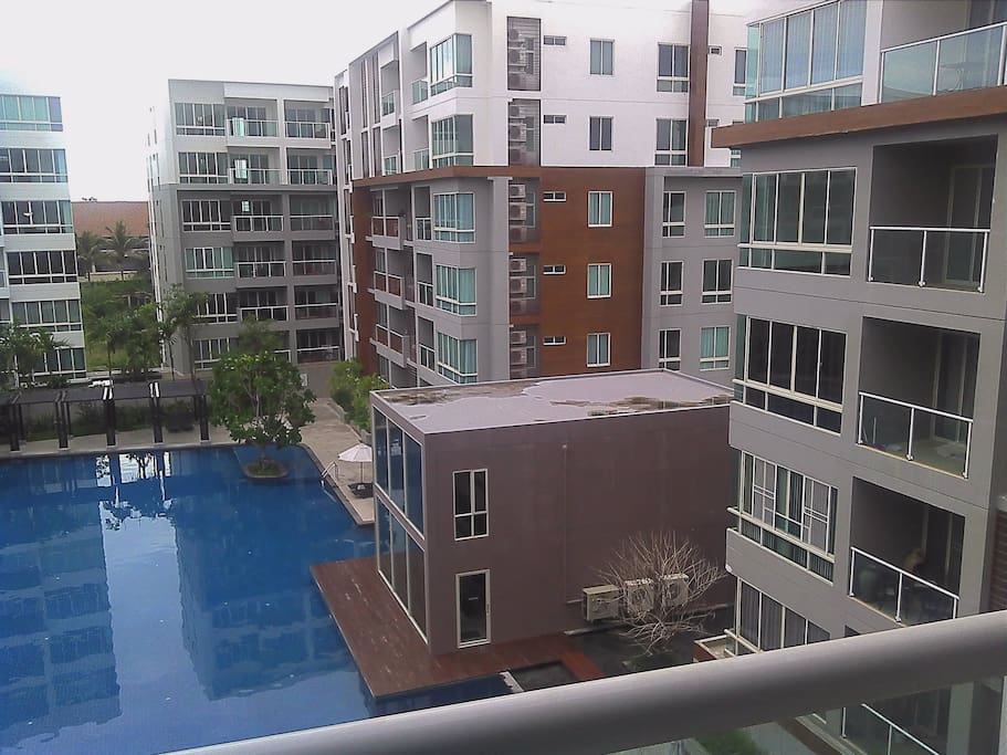 Large balcony with pool view