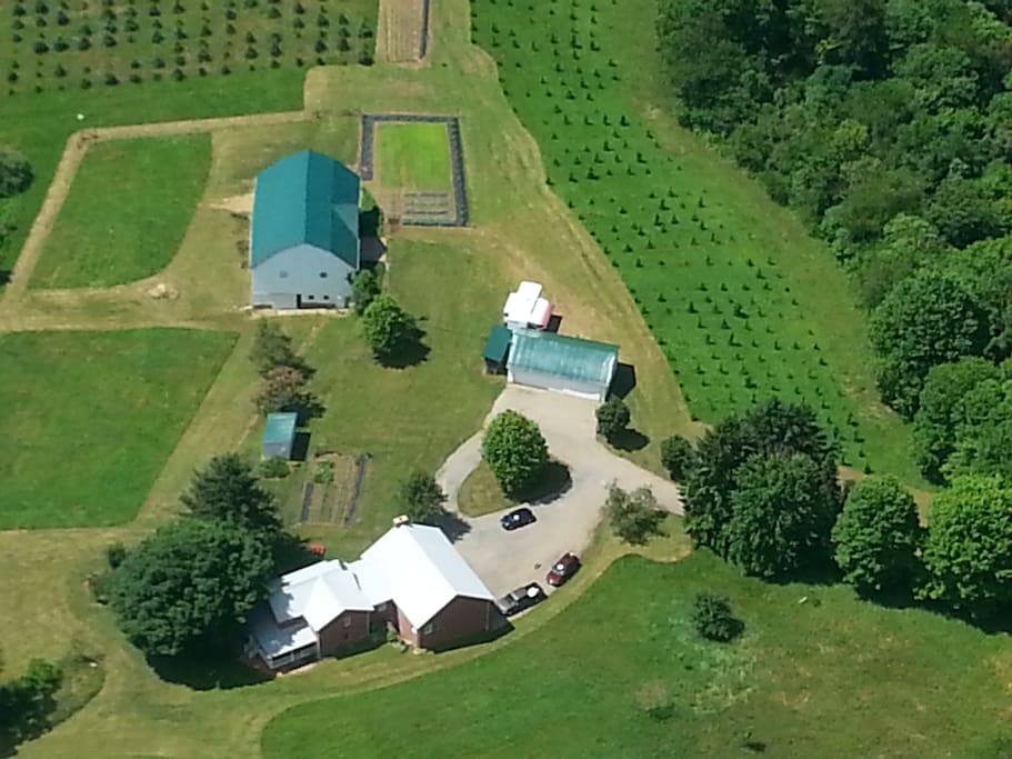 Aerial view of farm buildings