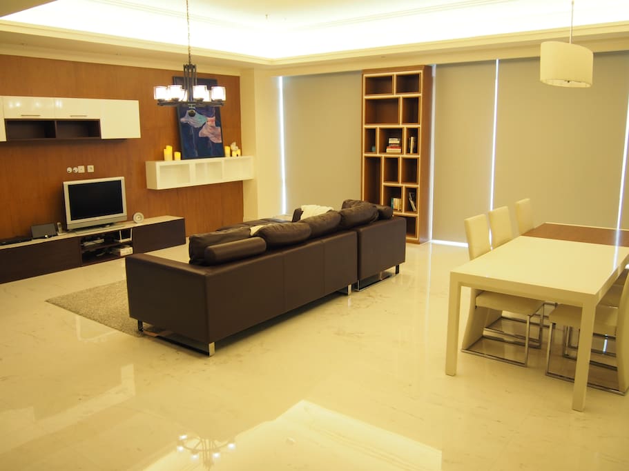 Living room with shades close