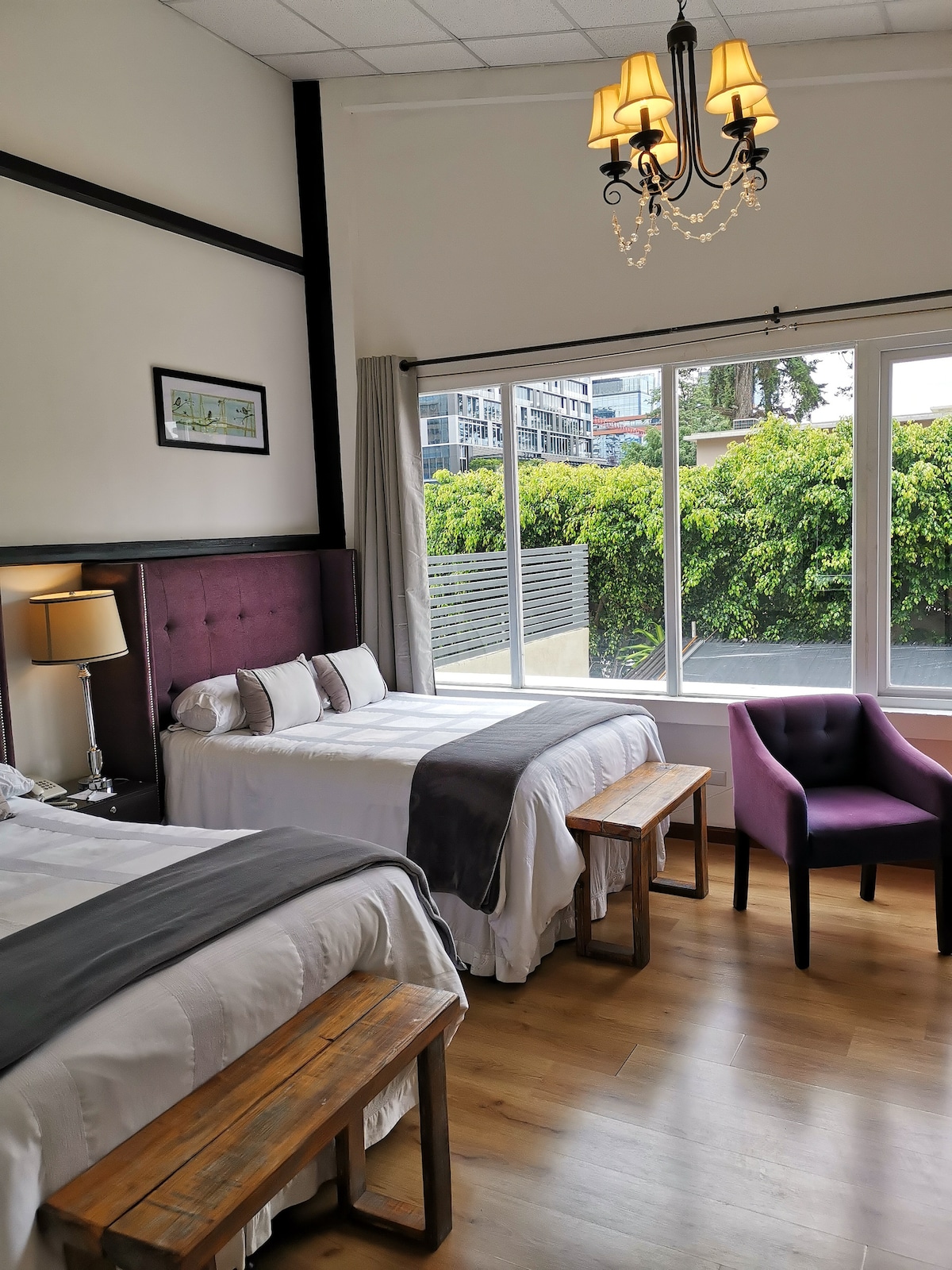 A spacious room is furnished with two beds featuring plush headboards. A purple accent chair is positioned beside a large window, which offers views of greenery outside. Warm wooden flooring complements the decor, while a chandelier adds a touch of elegance overhead.