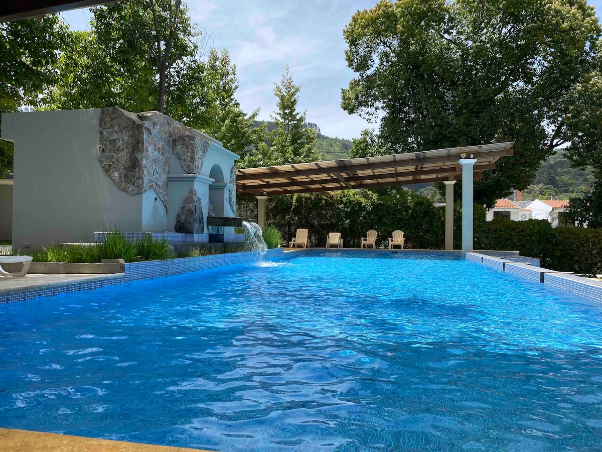 A large swimming pool is surrounded by landscaped greenery, with a waterfall feature cascading into the water. Loungers are positioned under a shaded area, offering a place to relax. The structure contains a covered patio, enhancing the inviting outdoor space.