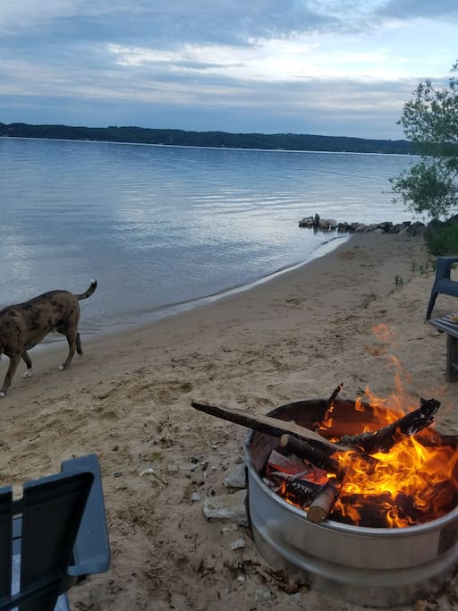 Enjoying a fire on the beach.