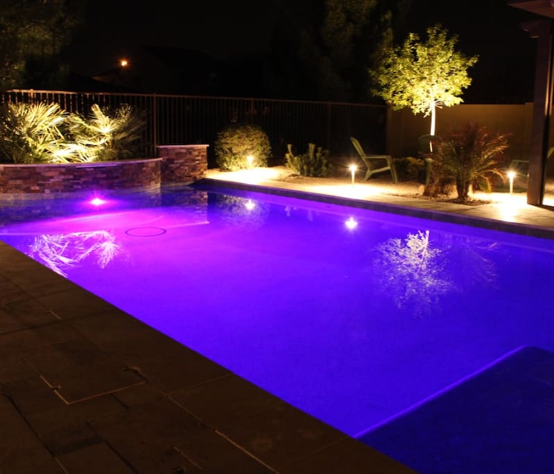 Pool lit up at night