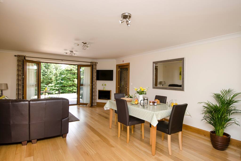 Large patio doors to outdoor private parking