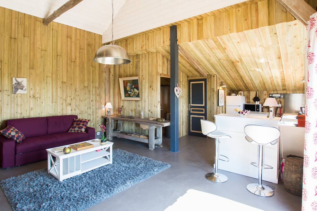 Salon avec un canapé convertible très confortable 160 x 200 neuf !!!
Cuisine américaine de 11 m2 entièrement équipé à neuf