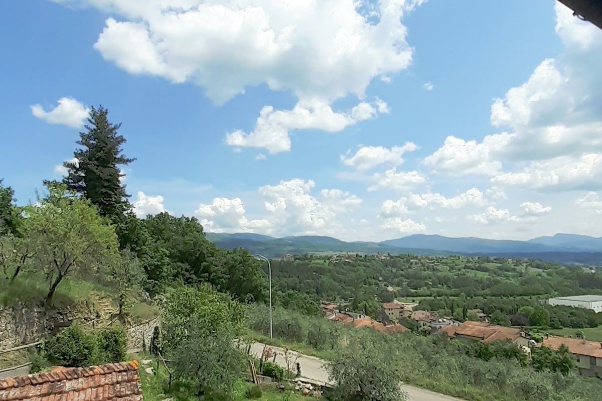 A scenic view showcases rolling green hills under a partly cloudy sky. Olive trees and a quiet residential road are visible, with distant mountains framing the horizon. The tranquil landscape emphasizes the peaceful surroundings of the accommodation.