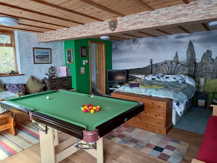 Spacious en-suite room. Comfy bed with scenic backdrop. Pool table.