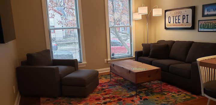 Pull out queen sofa bed with fresh, new linens.
