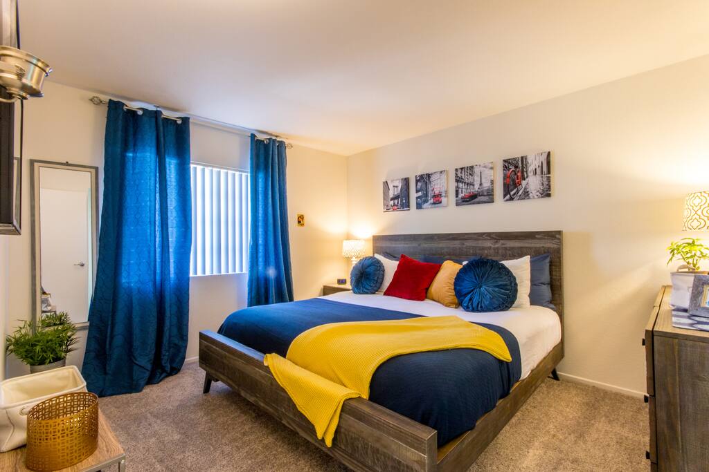 Master Bedroom Suite custom decorated with everything you need including USB chargers to give your phone and other devices the power!