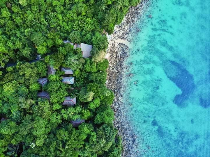 An aerial view captures a lush jungle surrounding several villas nestled among rich greenery. The clear turquoise waters border the rocky shoreline, which contrasts with the vibrant foliage, showcasing the natural beauty of the area.