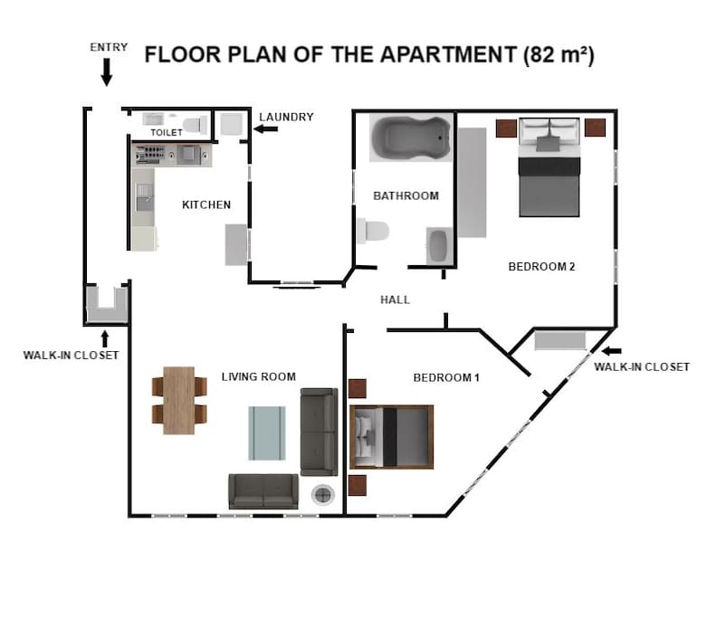 Floor plan of the apartment, plenty of windows which makes it bright