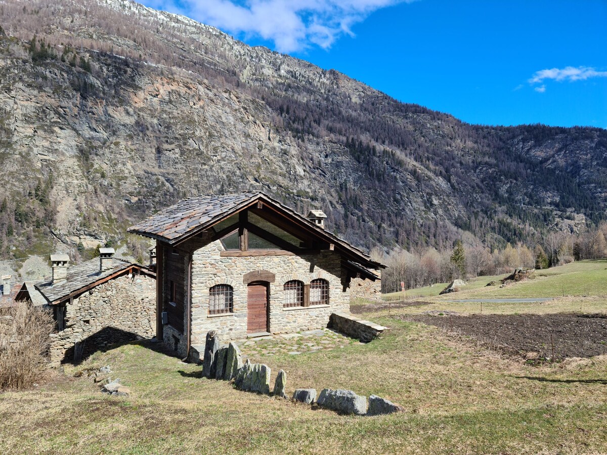 A renovated late 19th-century chalet is visible against a backdrop of mountains. The stone exterior features large windows and a wooden door, surrounded by a lush green landscape and a clear blue sky.