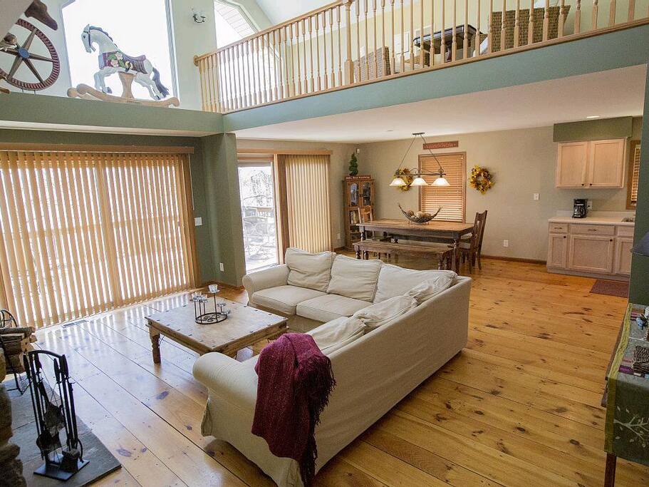 kitchen/living/dining room. The two patio doors open to the lake side.