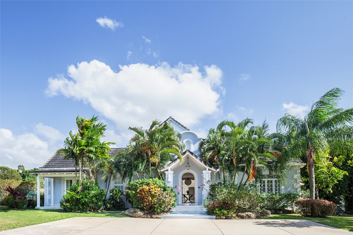 A contemporary villa is showcased with a white exterior and an inviting entrance framed by lush palm trees and vibrant greenery. A paved pathway leads to the front door, set against a clear blue sky with scattered clouds.